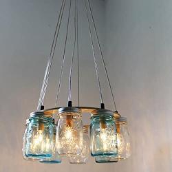 Letaowl 8-Light Mason Jar Chandelier- Clear Jars Rustic Linear Cluster Hanging Pendant Light Beach House Mason Jar Lighting Fixture,for Fixture Dining Room Living Room-Bule 8-Light