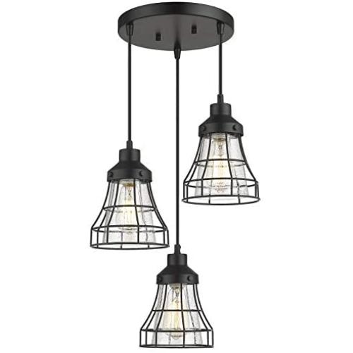 Industrial Pendant Light VICNIE 3-Lights Metal Caged Vintage Hanging Light Fixtures with Seeded Glass Lampshade for Dining Living Room Kitchen