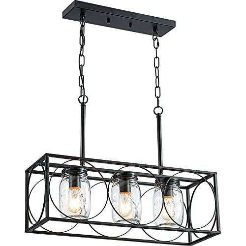 Mason Jar Chandelier Light, Rustic Farmhouse Pendant Lighting for Kitchen Island, 3-Light Mason Jar Dining Room Hanging Light Fixtures, Black Linear Flush Mount Ceiling Light for Hallway Restaurant