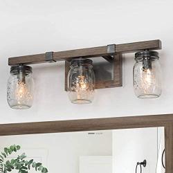 Bathroom Vanity Light Fixtures, Farmhouse Mason Jar Lights, Rustic Bathroom Light Fixtures with Faux Wood Finish, Brown (20” L×5.5” W×7”H)