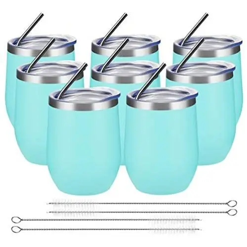 COKTIK 8er Pack Wein Gläser 12oz mit Deckel, Stemless, Isolierte Edelstahl-Reisebecher für Kalt- und Heißgetränke, Wein, Kaffee, Cocktails, Hellgrün