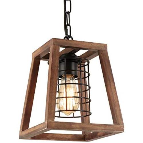 1-Light Wood Farmhouse Pendant Lighting Fixture with Round Cage Shade, Retro Rustic Chandelier with Trapeziod Wooden Frame for Kitchen Island Dining Room P0063