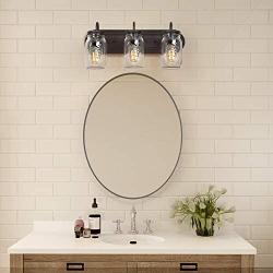 LALUZ Bathroom Light Fixtures, Mason Jar Lights, Farmhouse Bathroom Light Fixtures 3-Light for Bathroom, Dressing Room, Oil Rubbed Bronze, L19” x W7.1” x H8.7”