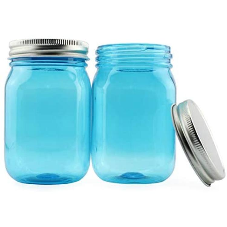 Cornucopia Brands- 16oz Plastic Mason Style Jars with Silver Metal Lids,  Blue 8pk