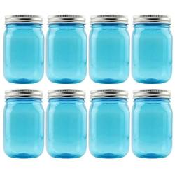 Cornucopia 16oz PLASTIC Mason Jars (8-Pack, Blue w/ Silver Metal Lids); PET BPA-Free Mason Jars with One Piece Lids, 2-Cup/Pint Capacity, Compatible w Regular Mouth Mason Jar Lids; Vintage Style PLASTIC Jars