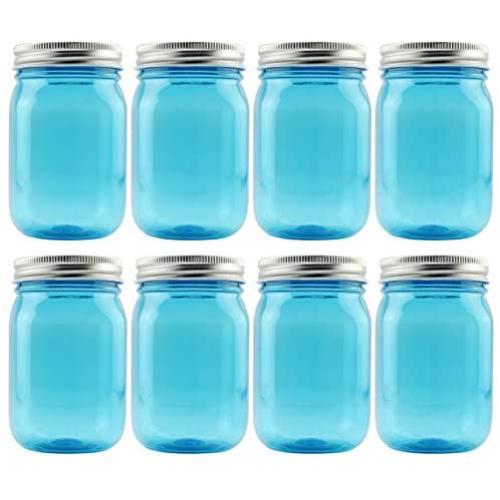 Cornucopia 16oz PLASTIC Mason Jars (8-Pack, Blue w/ Silver Metal Lids); PET BPA-Free Mason Jars with One Piece Lids, 2-Cup/Pint Capacity, Compatible w Regular Mouth Mason Jar Lids; Vintage Style PLASTIC Jars