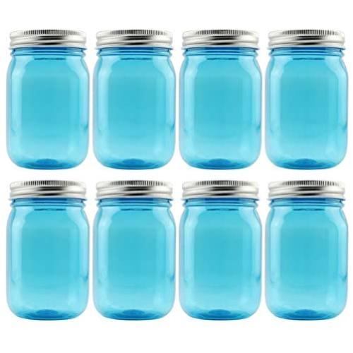 Cornucopia 16oz PLASTIC Mason Jars (8-Pack, Blue w/ Silver Metal Lids); PET BPA-Free Mason Jars with One Piece Lids, 2-Cup/Pint Capacity, Compatible w Regular Mouth Mason Jar Lids; Vintage Style PLASTIC Jars