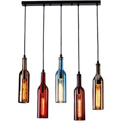 5-Light Vintage Industrial Colored Glass Pendant Light, Wine Bottle Creative Retro Chandelier for Cafe Loft Restaurant Kitchen Island Bar Dining Room Bar