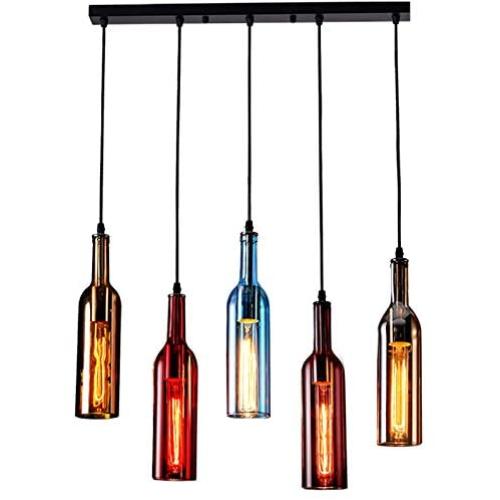 5-licht Vintage Industrieller Farbglas Pendelleuchte, Weinflasendesign Kreatischer Retro Chandelier für Café Loft Restaurant Kücheninsel Bar Esszimmer Bar