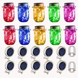 SmilingTown 10 Pack 30 LED Solar Mason Jar Lid String Lights,Fairy Lights String Lids Lights Including 10 Pcs Hangers,for Indoor Outdoor Wedding Patio Garden Party Decorations Gift(No Jars) (5 Colors)