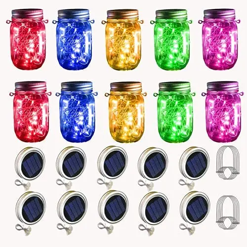10er Pack Solar Mason Jar Deckellichter, 30 LED, mit 10 Hängern, für Innen- und Außenbereich, Hochzeit, Gartenparty, Partydekoration, Geschenk (Ohne Gläser) (5 Farben)