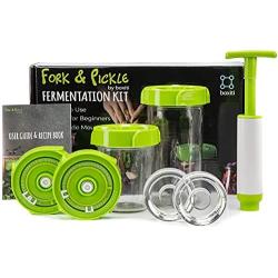 Fork&Pickle by Boxiti Mason Jars lids Fermentation lid Kit - 4 lids, 2 Glass Weights, 1 Air Pump, User Guide & Recipe Book - Fermenting Starter Kit - Kimchi, Pickles & Fermentation lids