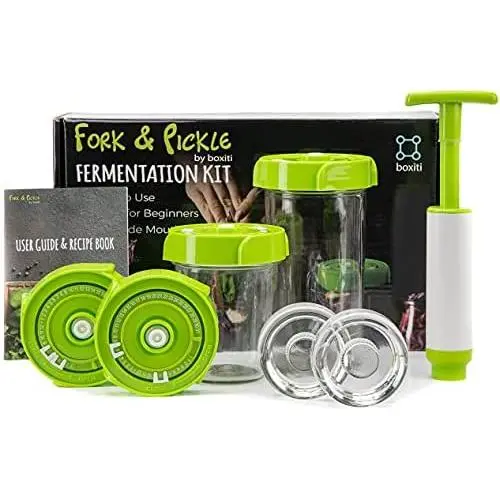 Fork&Pickle Fermentier Starter-Set – 4 Gummis, 2 Glasgewichte, 1 Luftheber, Benutzerhandbuch & Rezeptbuch – Für Kimchi, Essiggurken & Fermentierungslösungen
