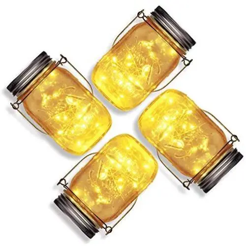 Solarleuchten für Mason Gläser, 4er-Set, Außenleuchten mit 20 LEDs, Warmweiß, für Balkon-Dekoration, Tischdekoration, Solarleuchten, Silberdraht