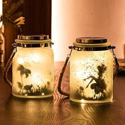 2 Pack Solar Outdoor Lights Hanging Jar Solar Lantern Fairy Outdoor Waterproof Decorative LED String Lights for Garden (Fairy)