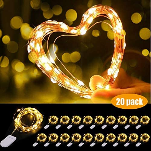 Zebbyee LED Mini String Lights with Button Battery Operated, 20 Pack Fairy Lights Waterproof 20 LEDs Copper Wire String Lights for Bedroom Christmas Party Mason Jars Decorations