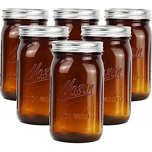 Bedoo Amber Glass Mason Jars 32 oz Wide Mouth with Airtight Lids and Bands 6 Pack, Amber Clear Glass Canning Mason Jars, Quart Mason Jars (Set of 6) (Wide Mouth)