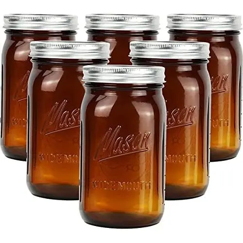 Bedoo Bernstein Glas Mason Gläser 32 oz Weite Öffnung mit Dichtungslidseln und Bändern, 6er Packung, Quart Mason Gläser (Set von 6) (Weite Öffnung)