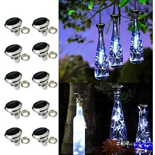 Solar-Diamanten-Weinflaschen-Leuchten, 10er Pack Solarbetriebene Weinflaschen-Leuchten, 20 LED Wasserdichte Kork-String-Leuchten für Garten, Terrasse, Tischdeko (Kaltweiß)