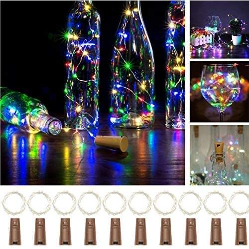10er Set Weinvorrats-Leuchten mit Korken, 15 LED Silberdraht Korken-Leuchten, wasserdicht, batteriebetrieben, Weihnachtslichtketten für Gläser, Party, Hochzeit, Weihnachten (Farbig)