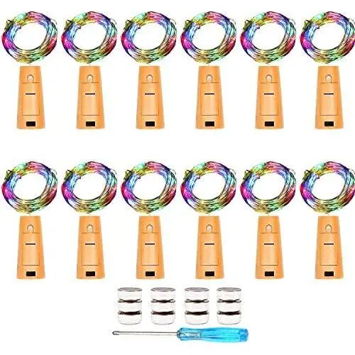 LED Laternen Set – 12 Weinflaschen Lichter mit Korken, 20 LED + 12 Ersatzbatterien, LED-Feenlicht Set, Batteriebetrieben, DIY für Raum, Party, Weihnachten, Halloween, Hochzeit, Geburtstag, Dinner, Bar Dekor – Bunt