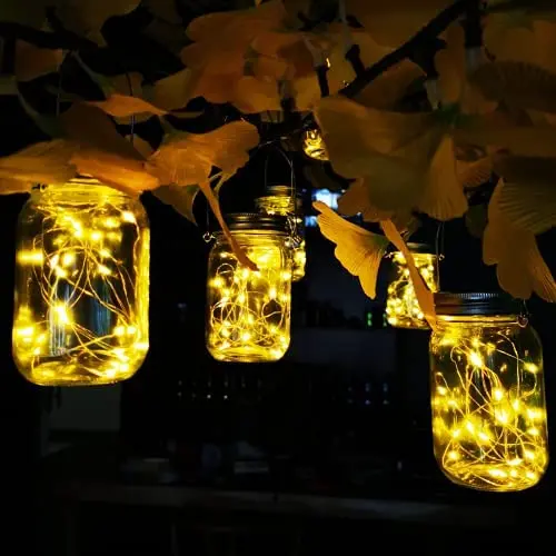 Solarleuchte für Glasbehälter, 25 LED, 6er Set, hängende Solar Laternen für Außen, wasserdicht, mit Glasbehältern und Hängern – Warme Weißfarbe