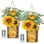 AerWo Sunflower Mason Jar Sconces Wall Decor Set of 2, Upgraded Hanging Sunflower Wall Decor with Remote LED Fairy Lights Rustic Wall Sconces for Farmhouse Kitchen Decorations Wall Home Decor