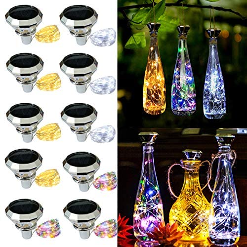 Sternenliebe Solar Diamant Weinflaschen-Lichter 10er Set 20LED Outdoor Wasserdicht Farbwechselnde Glühbirnen-Lichterkette (3 Farben), Geeignet für die meisten Weinflaschenhälse, für Garten, Terrasse, Party-Dekoration