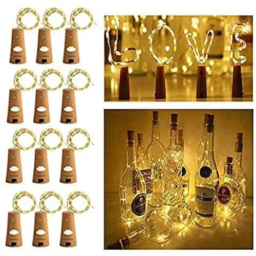 E-Cloud Shop Weinvorrats-Lichter mit Korken, Korklichter für Flaschen, 6,5 ft 20 LED-Lichter, batteriebetriebene Weihnachtsstring-Lichter für Party Halloween Hochzeit (Warme Weiß, Silberdraht, Packung mit 12)