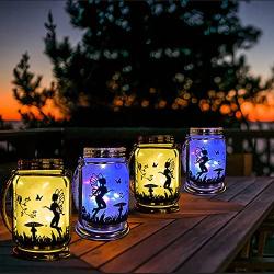 ANGMLN Solar Fairy Lantern Mason Jar Light- 4 Pack Ourdoor Fairies Decorations Gifts Hanging Lamp Frosted Glass Jar with Stake for Yard Garden Patio Lawn