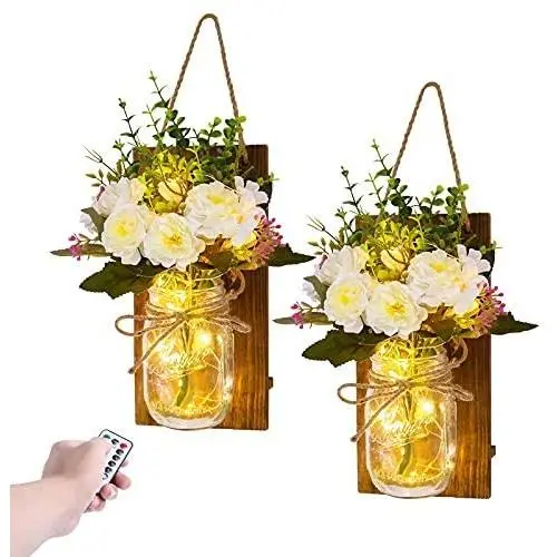 CANMEIJIA Rustikale Wandleuchten aus Glasbehältern, Wanddekoration mit Glasbehältern für die Wand mit Fernbedienung LED-Farbspielen, 6-Stunden-Timer mit Blumenleuchten, Set von 2
