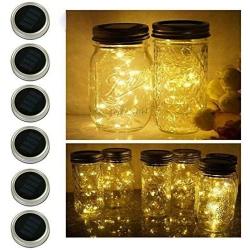 6 Pack Mason Jar Lights, 20 LED Solar Warm White Fairy String Lights Lids Insert for Garden Deck Patio Party Wedding Christmas Decorative Lighting Fit for Regular Mouth Jars