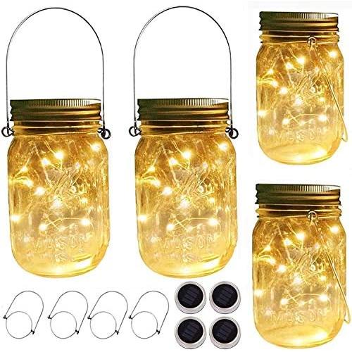 Solar Mason Jar String LED Lid Lights, 4 Pack 20 LEDs Fairy Firefly String Lights Warm White,with 4 Jars and 4 Hangers Starry Lighting for Patio Lawn Garden Wedding