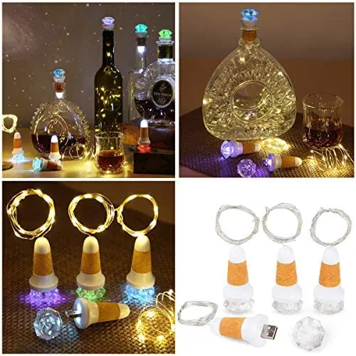 Uniyou USB wiederaufladbare Weinflaschen-Lichter mit 80 Zoll Lichtkette LED bunte Glühbirnen-Lichterkette mit 20 warmweißen Lichtern für Hochzeit Festival Halloween Party Dekoration (2er Pack)