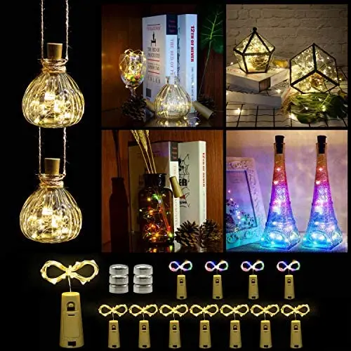 Wein-Flaschen-Lichter mit Korken, DIY Lichterketten-Ornamente für Tische, Partys, Bars, Hochzeiten, Weihnachten, Feierlichkeiten usw., mit Batterie inklusive, 12 Stück/Packung