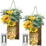 UnsereWarm Set von 2 Sonnenblumen-Mason-Jar-Wandleuchten, rustikale Wandleuchten, handgefertigte hängende Mason-Jars mit LED-Fairy Lights für Wohnzimmer, Küche, Landhausstil, Dekorative Beleuchtung