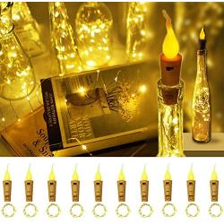 Decorman Wine Bottle Cork Lights with Candle Flame 10 Packs 20 LED Warm White Battery Operated Copper Wire String Lights Mini Starry Fairy Lights for Party, Wedding, Christmas, Halloween (Warm White)