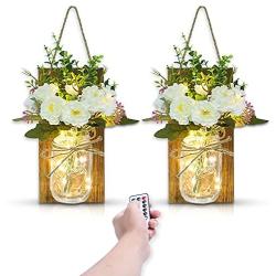 CHENBEN Wall Decor Mason Jar Wall Scones Light Led Strip Light,Fairy Lights and Flowers with Remote Control Timer Function Rustic Home/Kitchen/Bedroom/Living Room Decor Set of 2