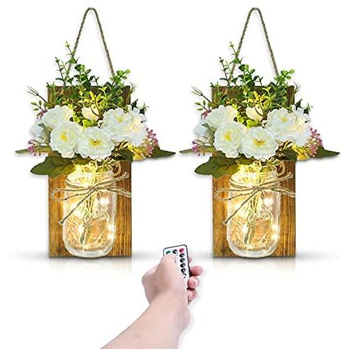 CHENBEN Wall Decor Mason Jar Wall Scones Light Led Strip Light,Fairy Lights and Flowers with Remote Control Timer Function Rustic Home/Kitchen/Bedroom/Living Room Decor Set of 2