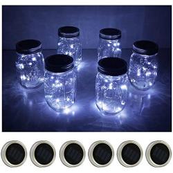 6 Pack Mason Jar Lights 10 LED Solar Cool White Fairy String Lights Lids Insert for Patio Yard Garden Party Wedding Christmas Decorative Lighting Fit for Regular Mouth Jars(Jars Not Included)