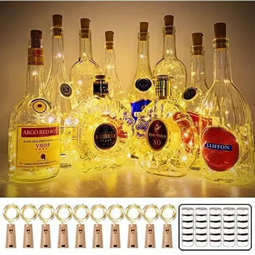 10er Pack Weinvorratsleuchten mit 20 LEDs, Korken, 3,3 m Silberdraht, batteriebetrieben, Mini-Farbstreifenleuchten für Spirituosenflaschen, Basteln, Party, Hochzeit, Halloween, Weihnachten, Warmweiß