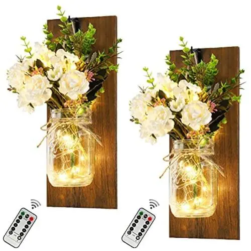 Glasbehälter Wandleuchten – 2er Set Rustikale Wandleuchten mit Fernbedienung Timer LED Sterneleuchten, Leuchten für die Innendekoration, Handgemachte, dekorative und schicke Hängeleuchten mit Glasbehältern.