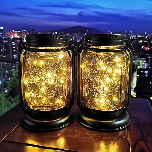 Solarleuchter aus Glasbehältern, 2er Set, 30 LED-Lichter, hängende Solar-Lichter, dekorative Solar-Lichter für Zuhause, Garten, Terrasse, Party, Hochzeit