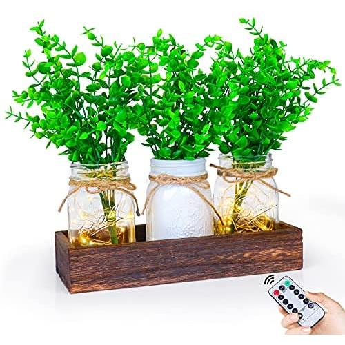 Hooqict Lighted Floral Rustic Mason Jar Centerpiece Decorative Wood Tray with 3 Painted Jars Remote Control LED Fairy Lights Mason Jar Centerpiece with Eucalyptus for Home Living Room Kitchen Bedroom Herb Plants Coffee Table Decoration