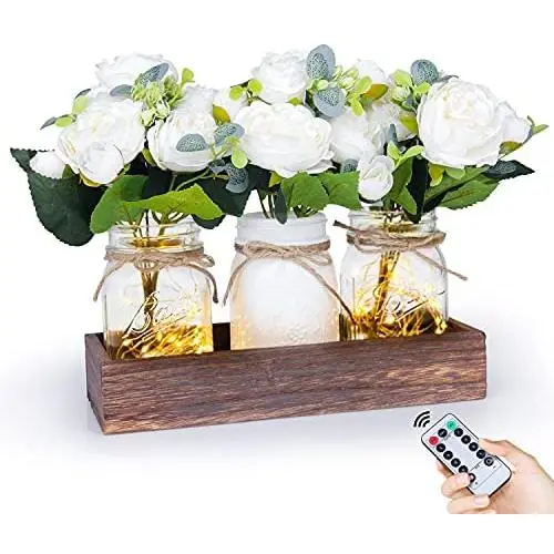 Lumières pour bocal Mason Fowecelt, plateau en bois rustique, fleurs artificielles de roses, décoration campagnarde rustique pour maison, idéal pour plantes aromatiques, table basse, salle à manger, salon, cuisine, jardin. Lumières pour bocal Mason Fowecelt, plateau en bois rustique, fleurs artificielles de roses, décoration campagnarde rustique pour maison, idéal pour plantes aromatiques, table basse, salle à manger, salon, cuisine, jardin.