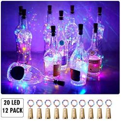 Aluan Wine Bottle Lights 12 Pack 20LED Cork Bottle Lights with Screwdriver Battery Operated Wine Cork Lights String Lights for Party Wedding Christmas Halloween Bar Jar Lamp Decor, Colorful