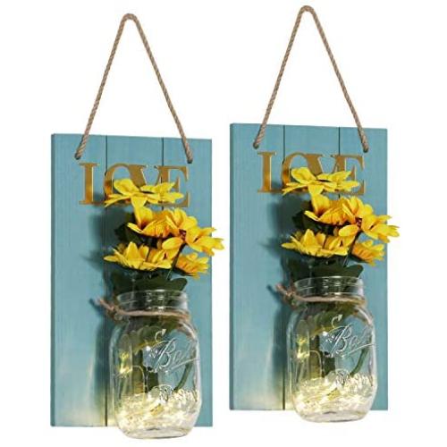 VECELO Mason Jar Sconces Wall Decor,Rustic Wall Sconce with 6-Hour Timer LED Fairy Lights and Flowers for Home Kitchen/Bedroom/Venue/Farmhouse(Set of 2) (Blue, Large) …