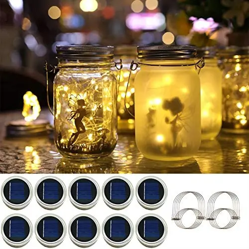 Lumières Mason Solaires - Guirlande Mason Solaires 30 LEDs avec Couvercle, Décoration Fantaisie Éclair Insecte pour Patio Jardin Mariage (Blanc Chaud) (10 Pack) Lumières Mason Solaires - Guirlande Mason Solaires 30 LEDs avec Couvercle, Décoration Fantaisie Éclair Insecte pour Patio Jardin Mariage (Blanc Chaud) (10 Pack)