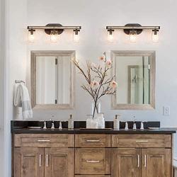 Bathroom Light Fixtures, 3-Light Farmhouse Mason Jar Lights, Rustic Vanity Lights with Black and Shallow Wooden-Grain Finish (21.5” L×5.5” W×8”H)