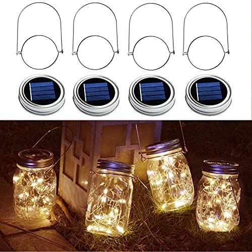 Abkshine 4 Pack Waterproof 20 Led Mason Jar Solar Lights with Hanger for Wide Mouth, Warm White Mason Jar Lid Lights Hanging Solar Lantern Lights for Garden Balcony Patio Porch Yard Tree Decor